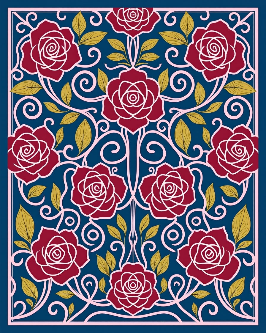Classic Red Rose Floral Swirls Rug