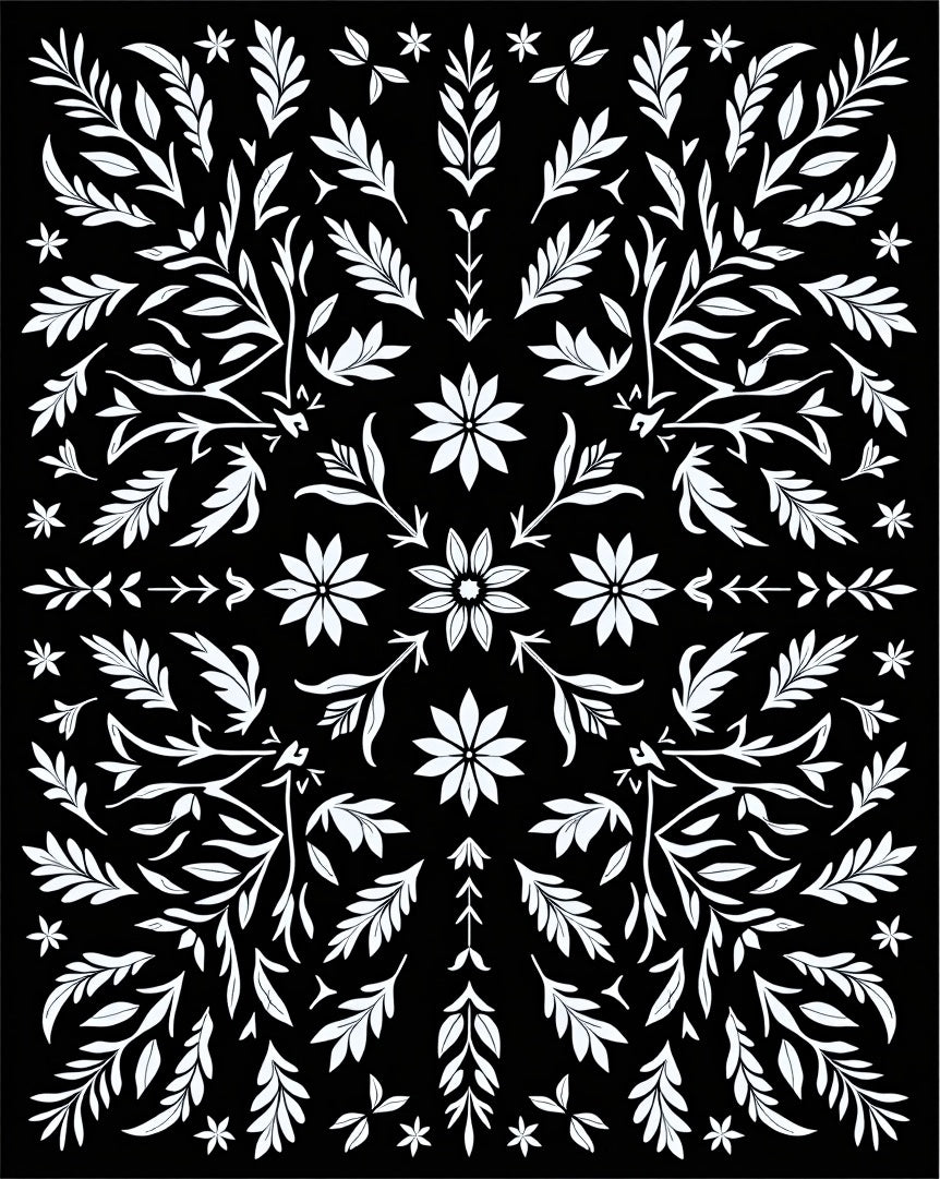 Black White Floral Botanical Arrangement Rug