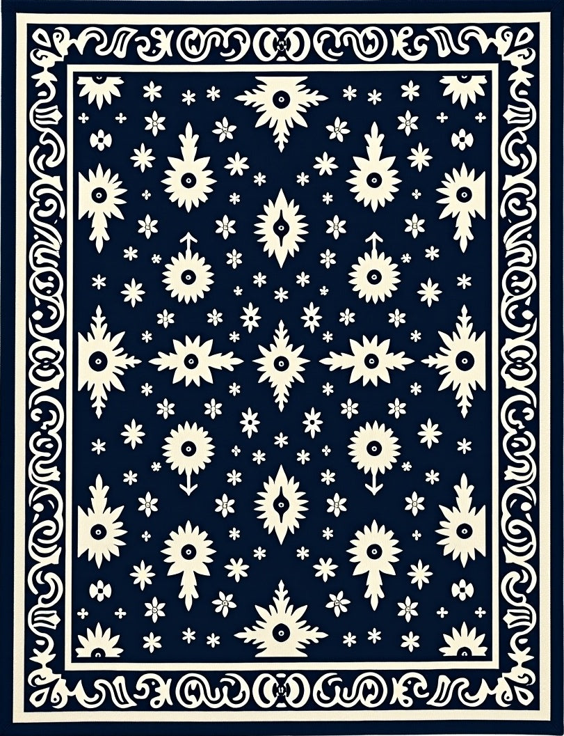 Navy White Folk Floral Medallion Rug