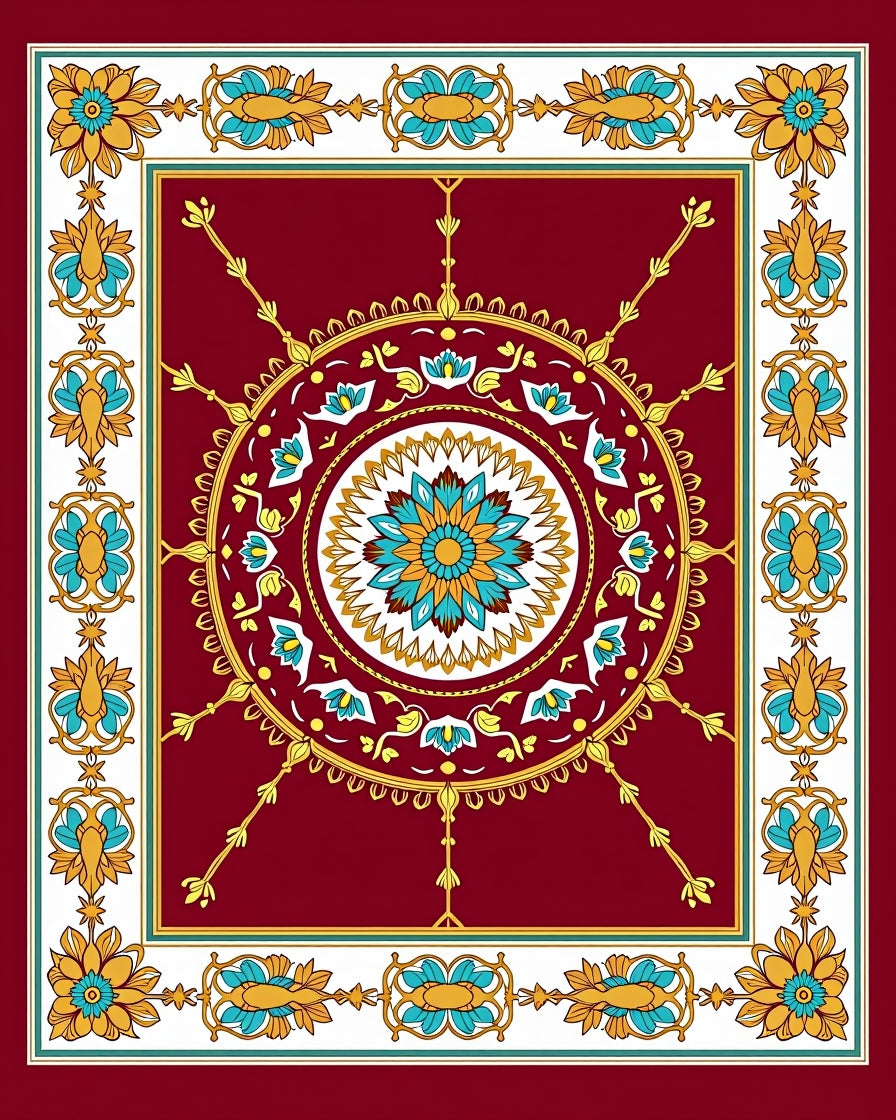 Maroon Golden Turquoise Floral Medallion Rug