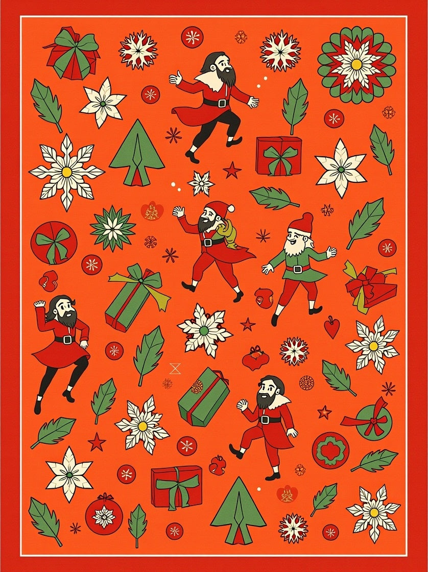 Christmas Figures Poinsettia Tree Gifts Rug