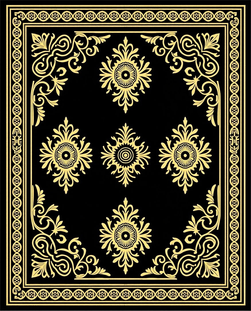Black Gold Floral Filigree Border Rug