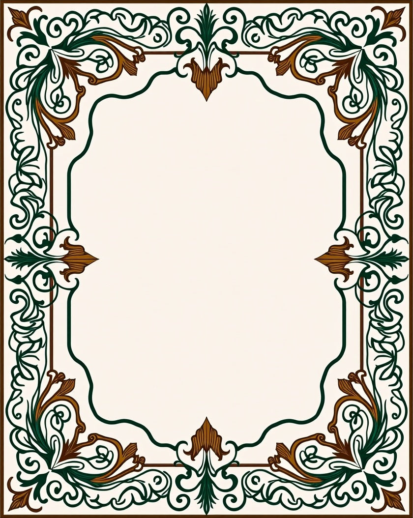 Ornate Green and Brown Scrollwork Border Rug