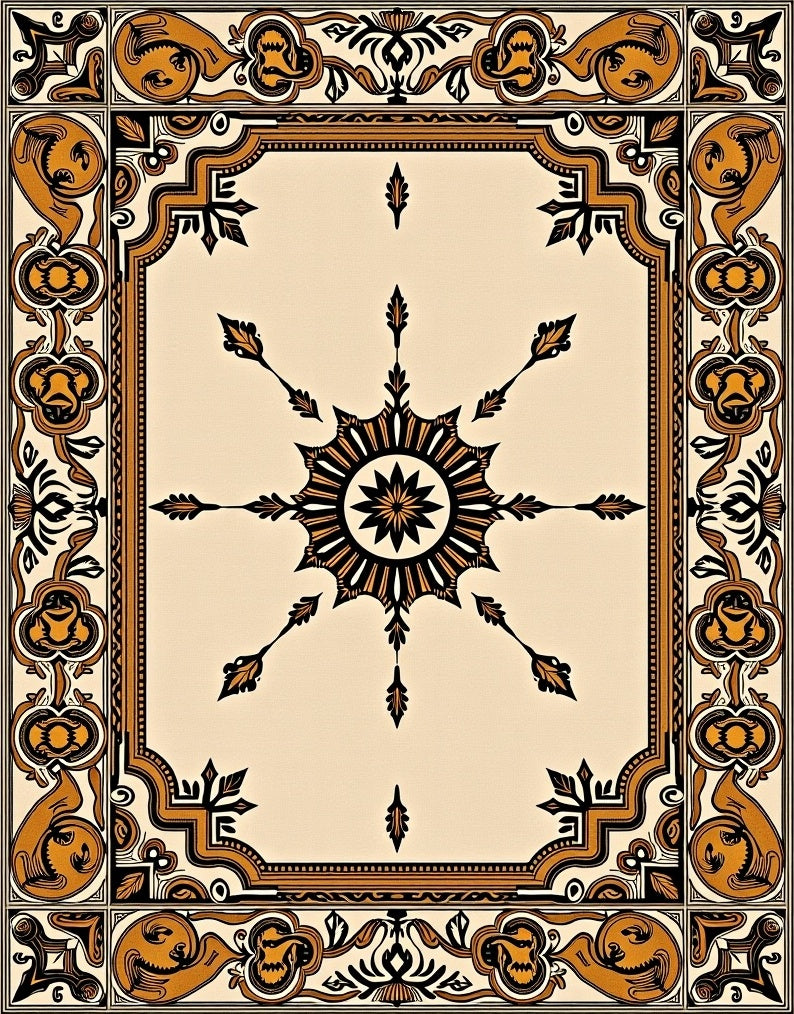 Gold and Black Ornate Sunburst Medallion Rug
