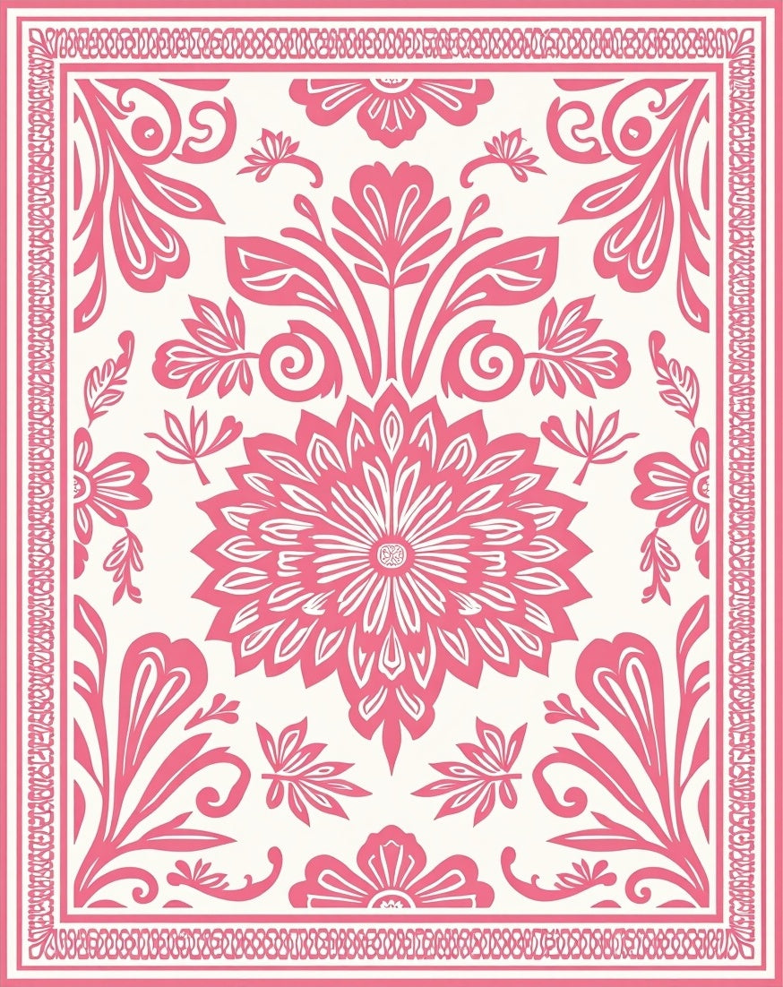 Coral Floral Medallion Border Rug