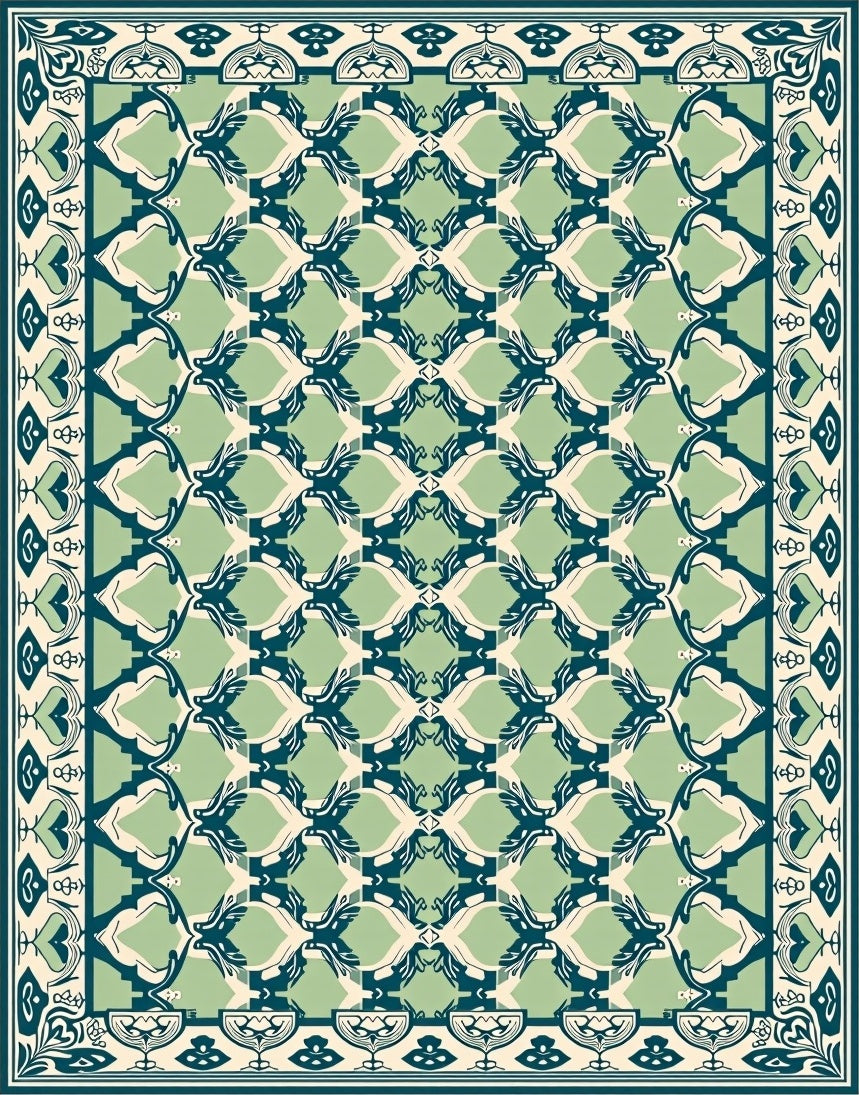 Green Teal White Bird Medallion Rug