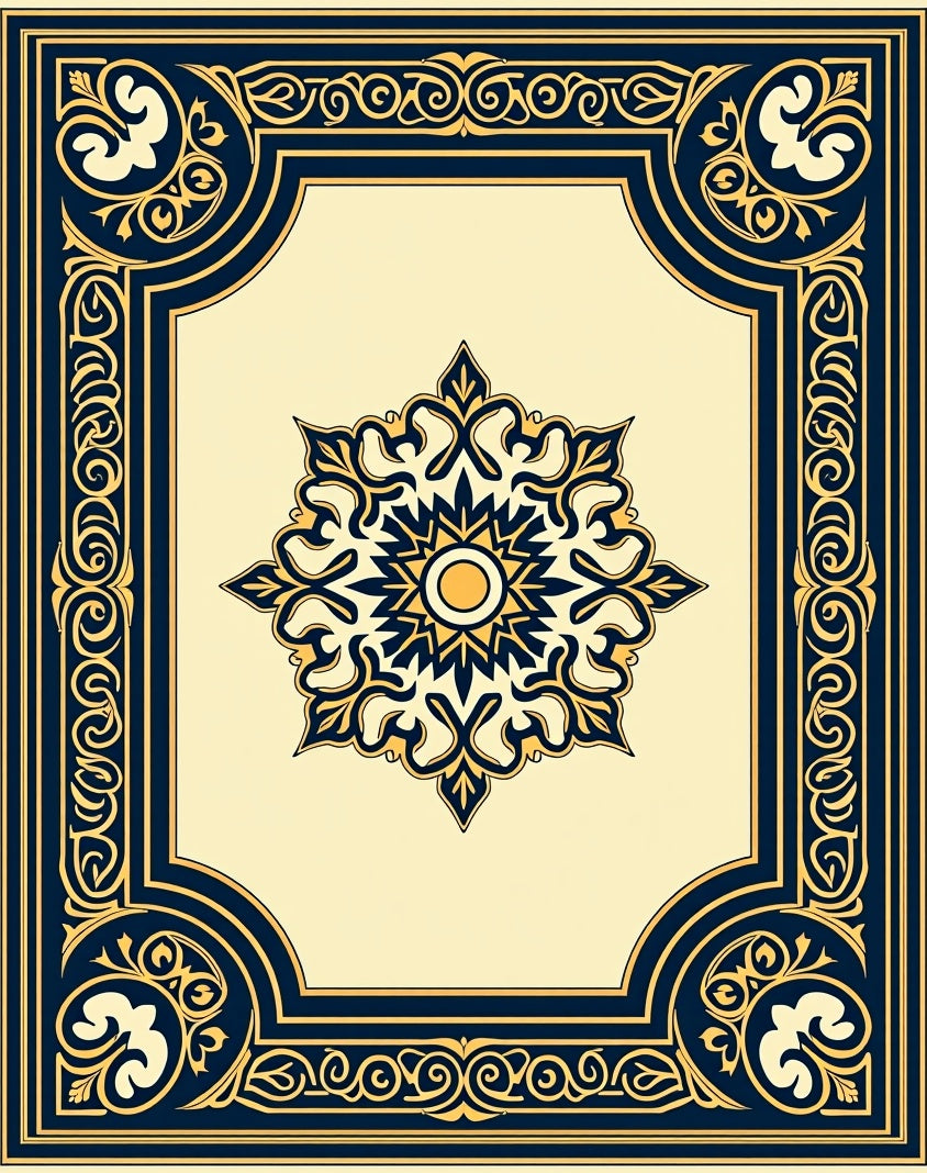 Ornate Navy Gold Floral Medallion Rug