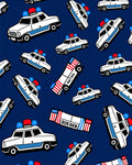 Whimsical Police Cars Blue Background Rug
