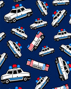 Whimsical Police Cars Blue Background Rug
