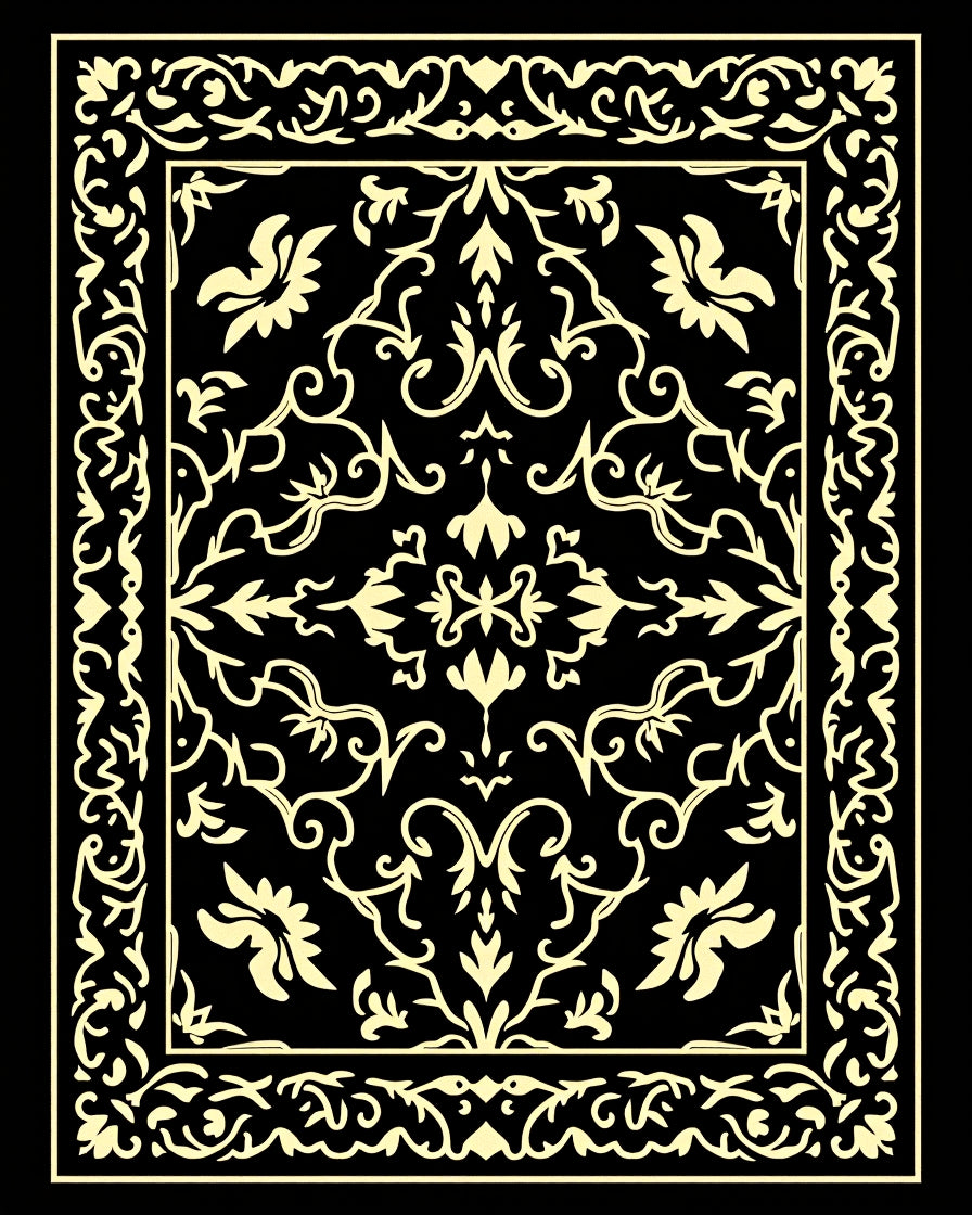 Vintage Black and Gold Floral Scroll Rug