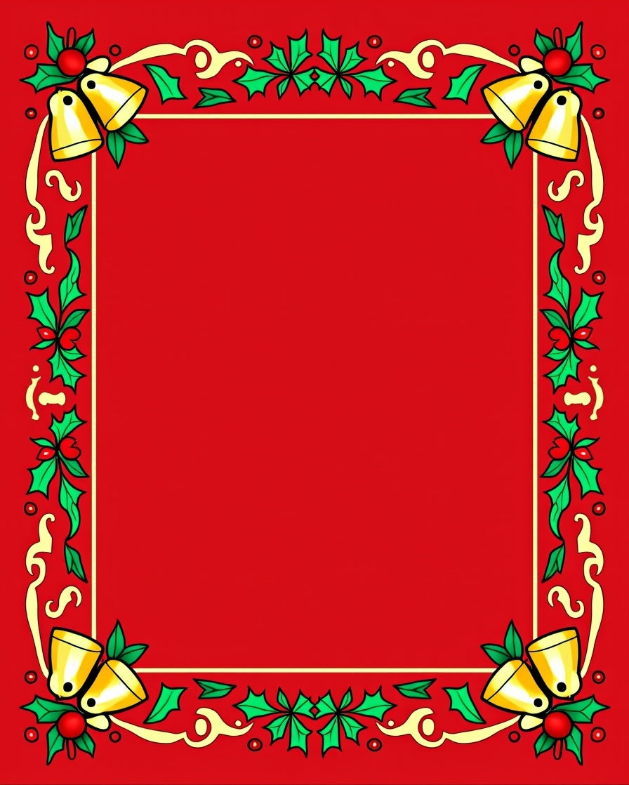 Festive Red Gold Holly Bells Frame Rug