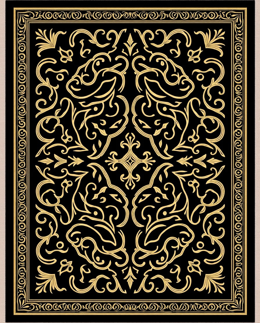 Elegant Black and Gold Floral Symmetry Rug