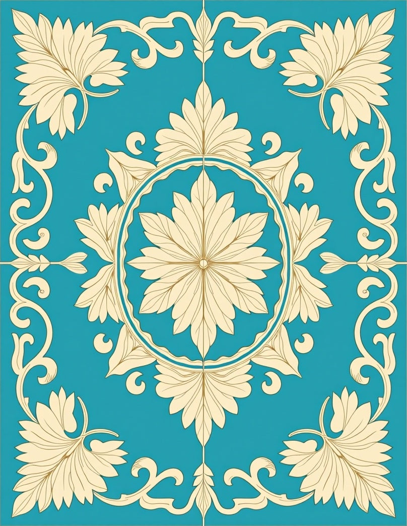 Turquoise Cream Floral Medallion Scrollwork Rug
