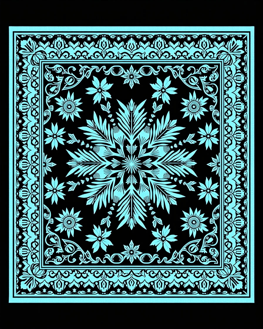 Aqua Black Floral Medallion Border Rug