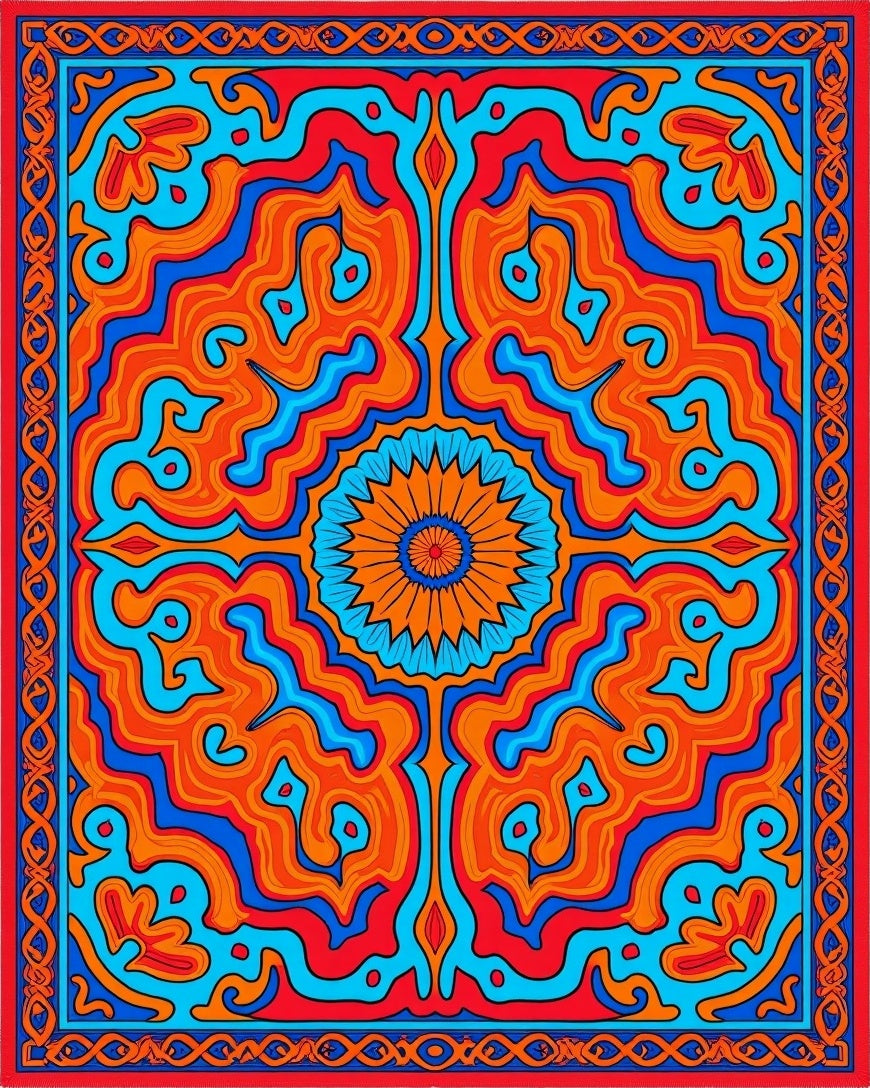 Psychedelic Orange Blue Floral Swirl Rug