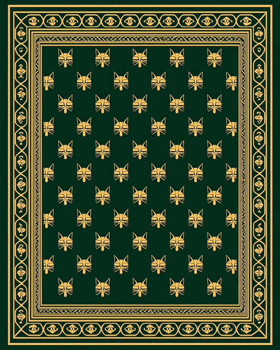 Dark Green Gold Cat Head Print Rug