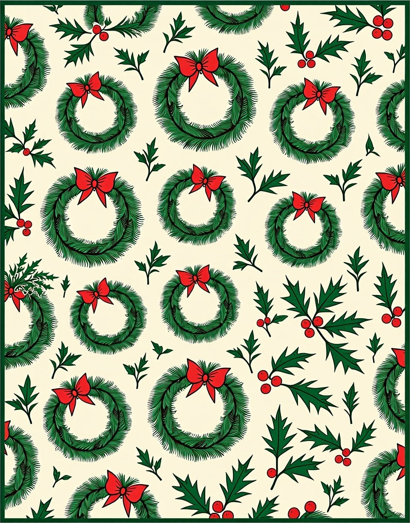 Festive Green Wreath Red Bow Cream Background Rug