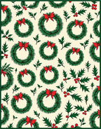 Festive Green Wreath Red Bow Cream Background Rug