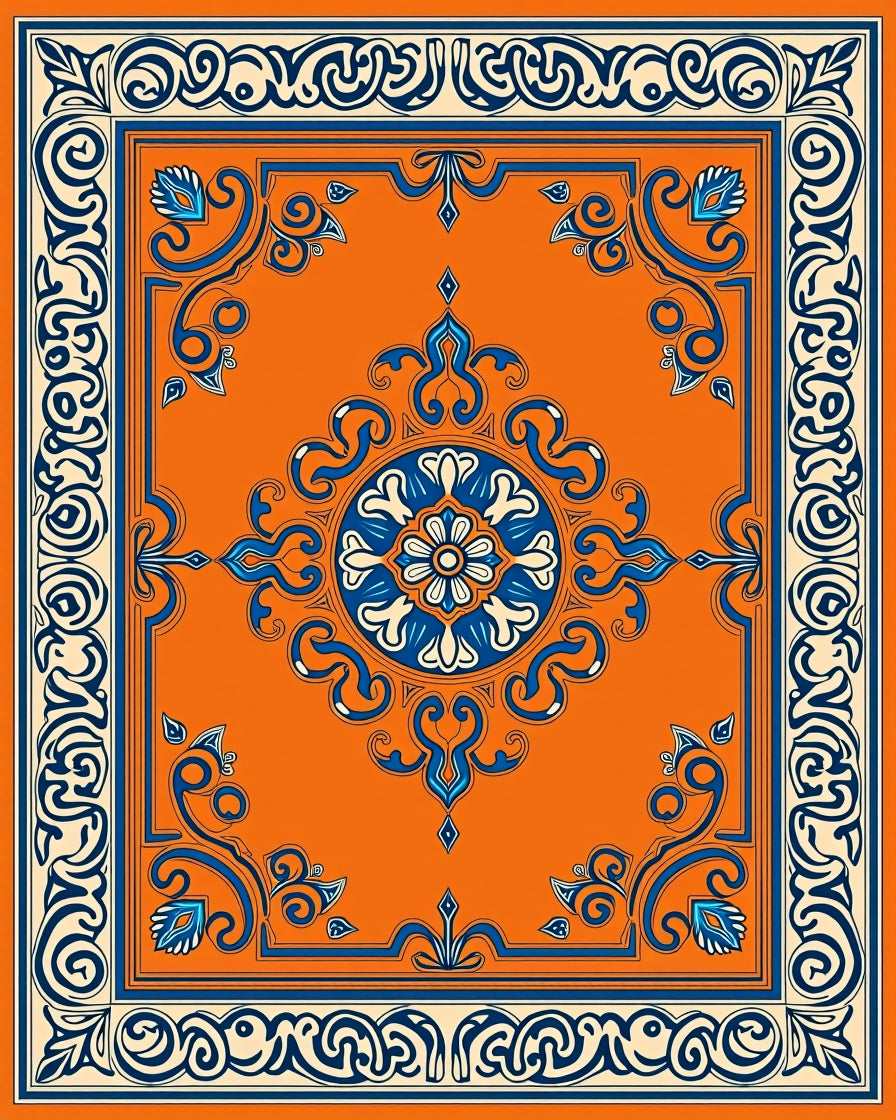 Orange Blue Floral Medallion Border Rug