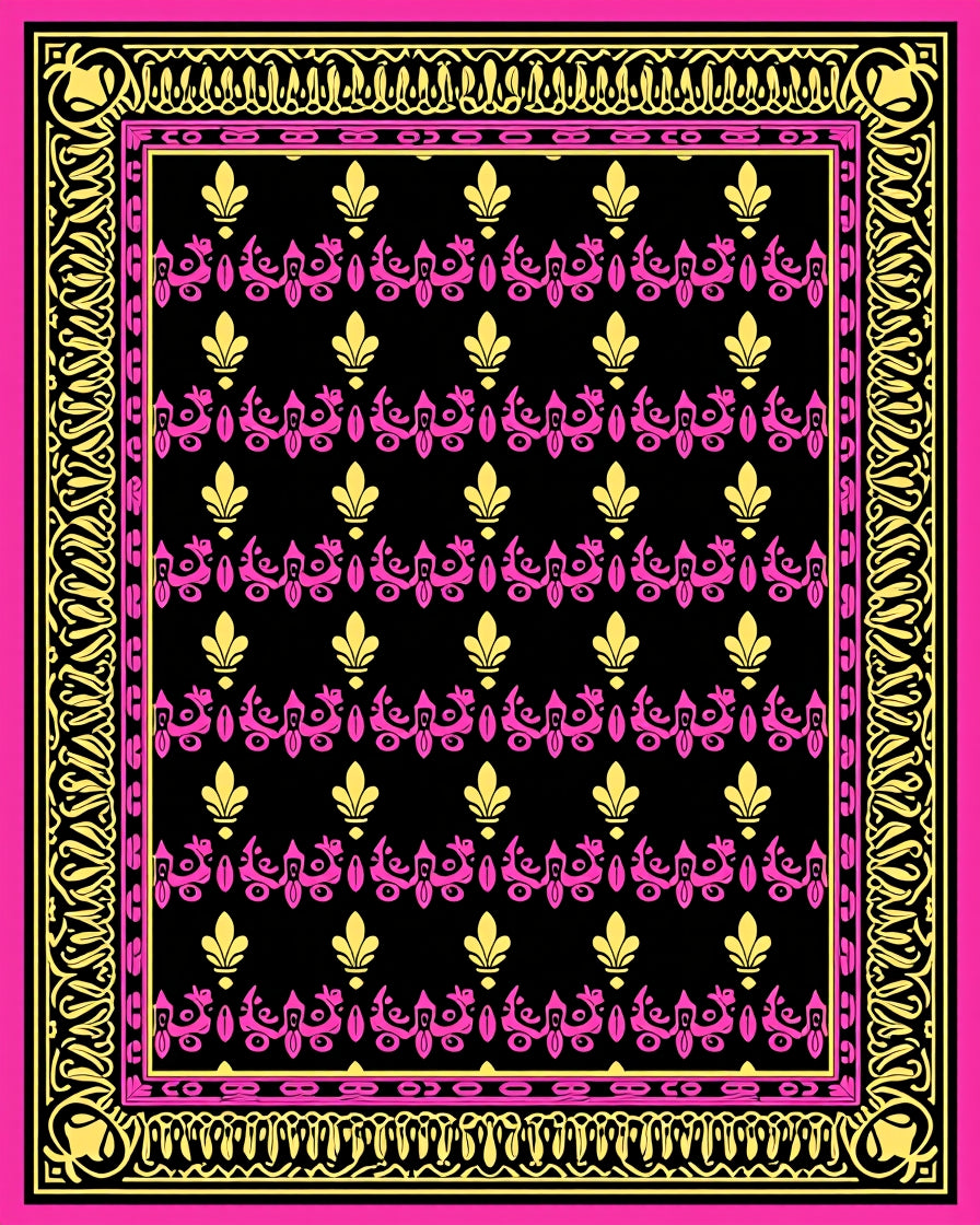 Luxe Black Pink Gold Floral Border Rug