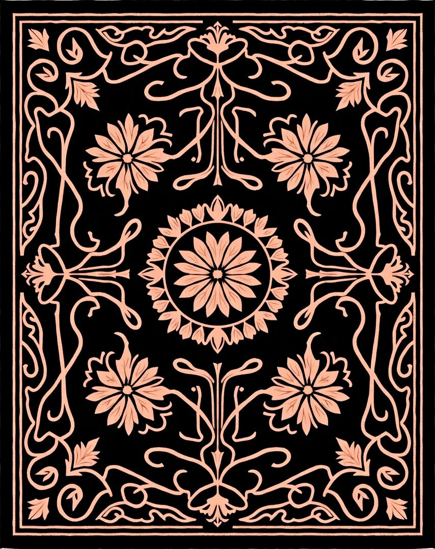 Black Coral Floral Tassel Border Rug