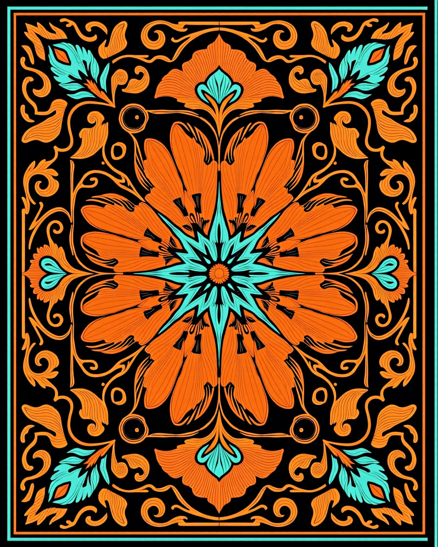 Bold Orange Teal Floral Mandala Rug