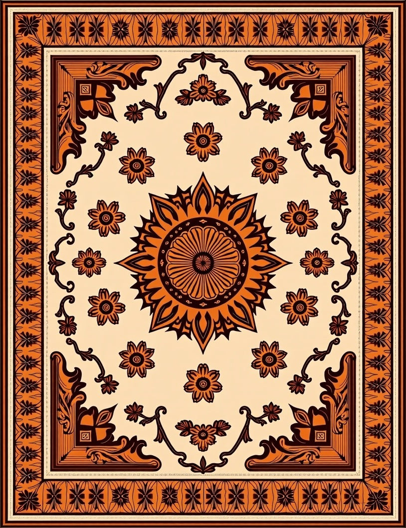 Orange Floral Medallion Border Rug