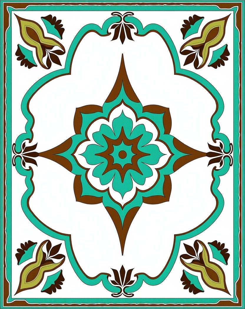 Turquoise Brown Floral Arabesque Frame Rug