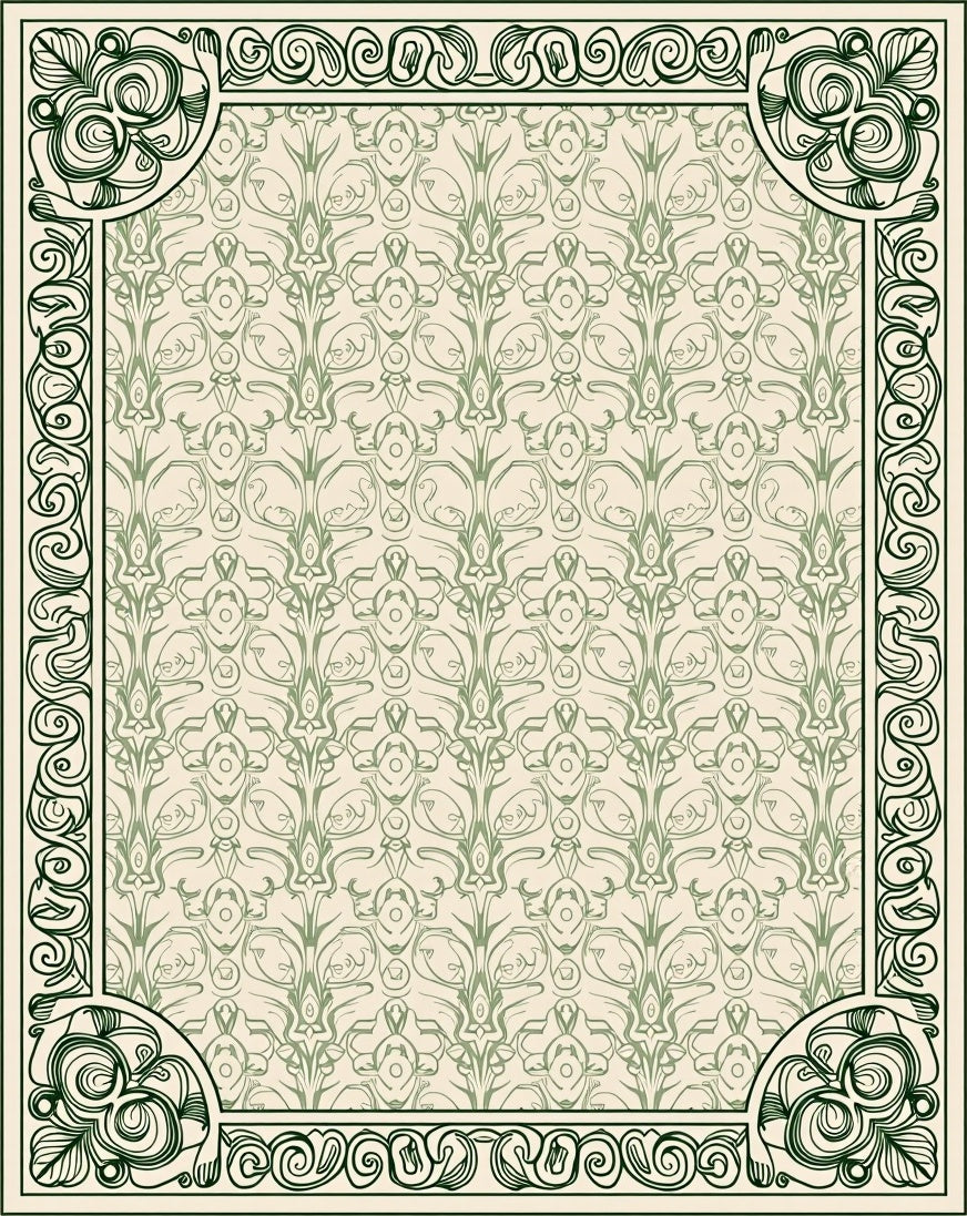 Ornate Cream Green Floral Border Rug