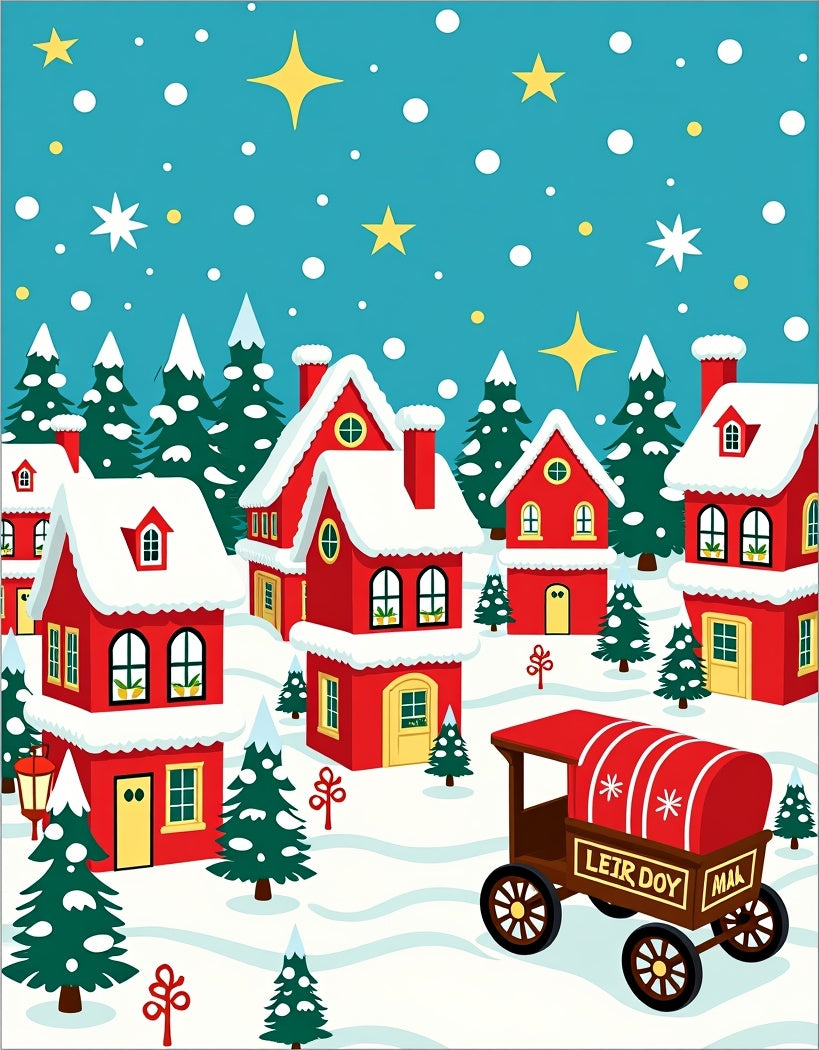 Charming Red Village Snowfall Scene Rug