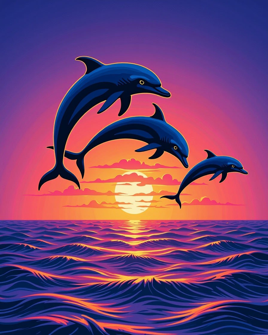 Vibrant Three Dolphins Sunset Ocean Waves Rug