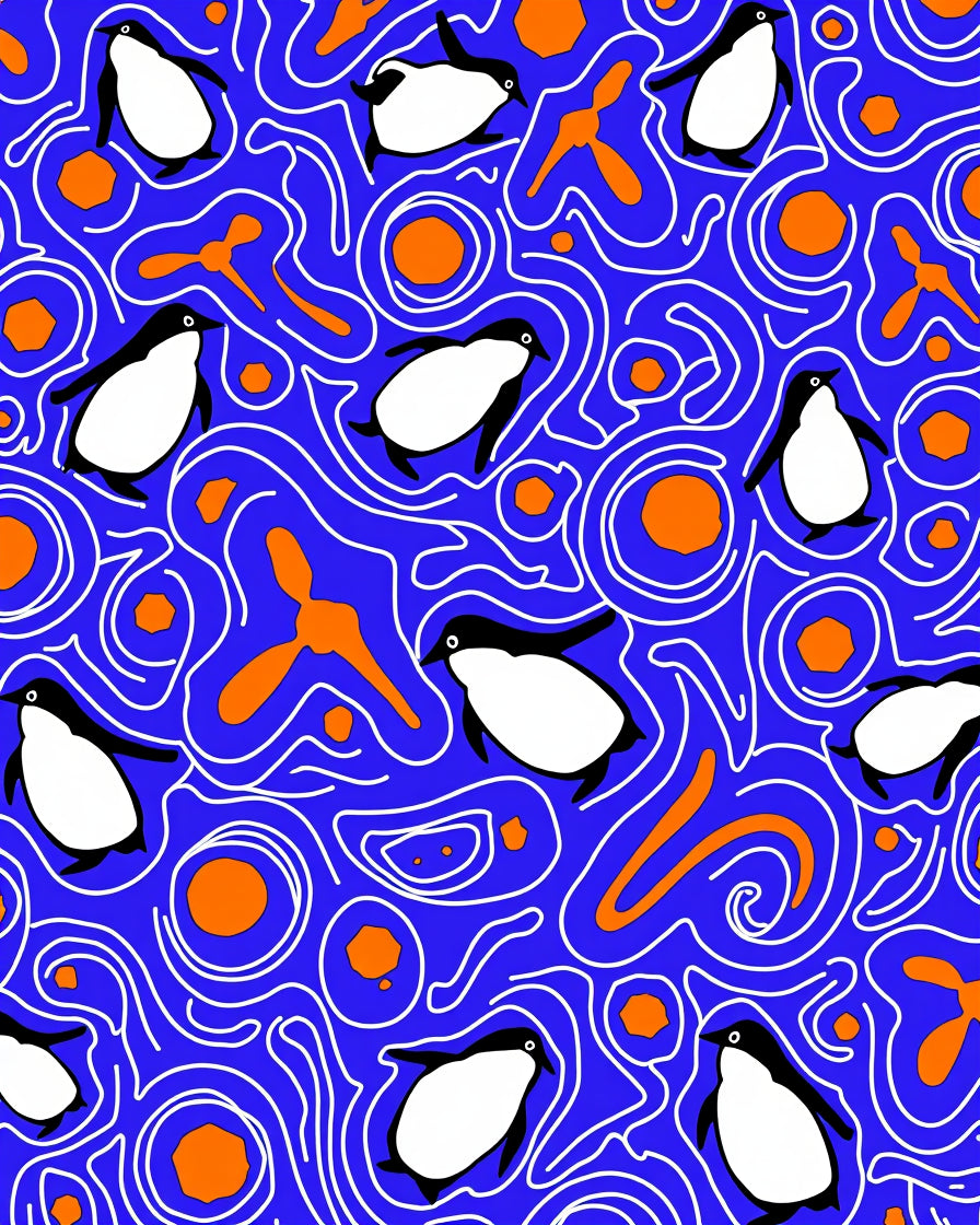 Whimsical Penguin Blue Swirl Orange Rug