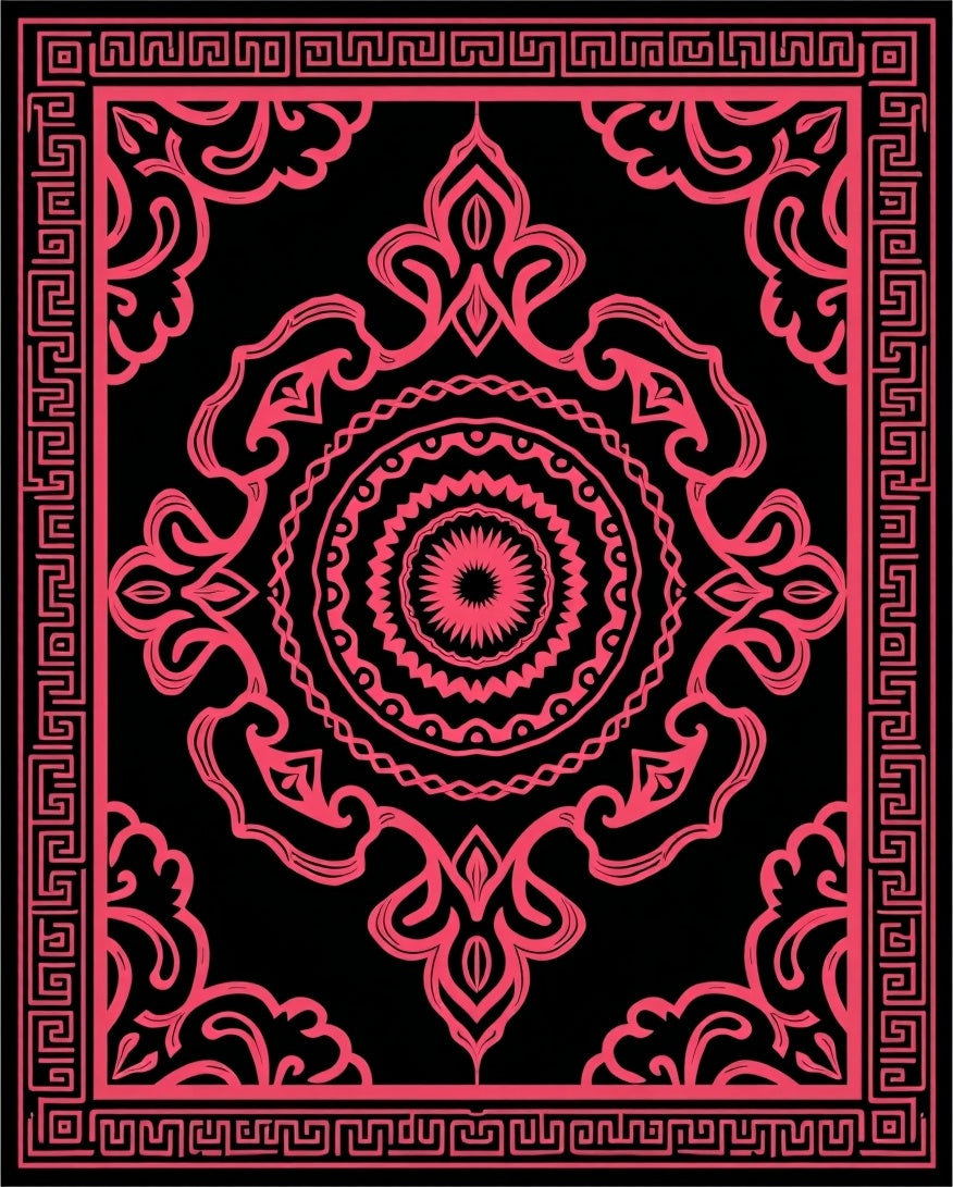 Fuchsia Ornamental Medallion Black Frame Rug