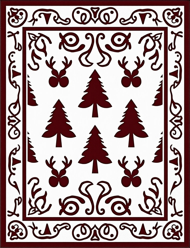 Deep Red Christmas Tree Reindeer Border Rug