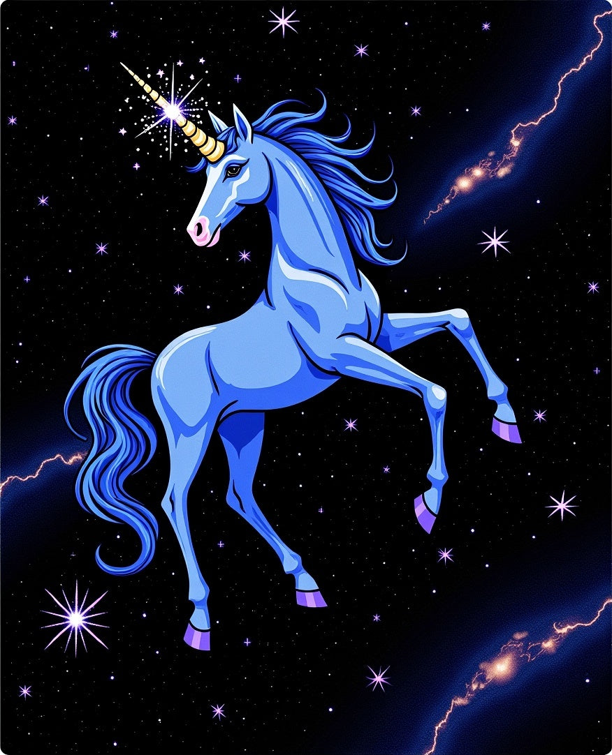 Cosmic Blue Unicorn Stars Lightning Rug