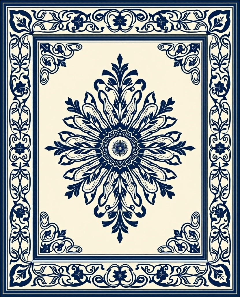 Deep Blue Floral Medallion Border Rug