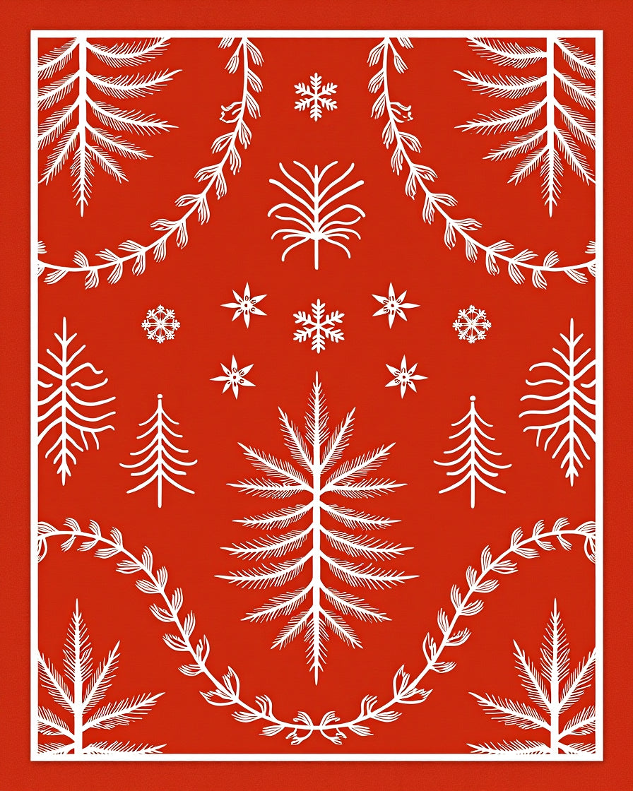 Crimson and White Winter Forest Snowflakes Rug