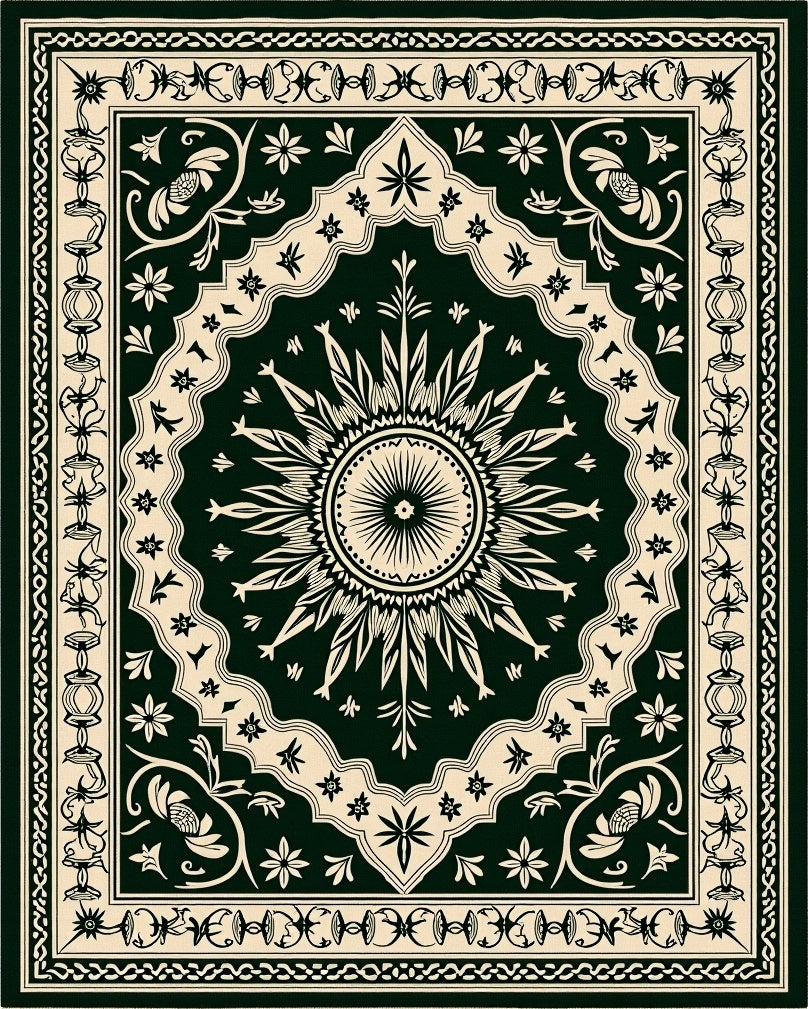 Dark Green Cream Sunburst Medallion Rug