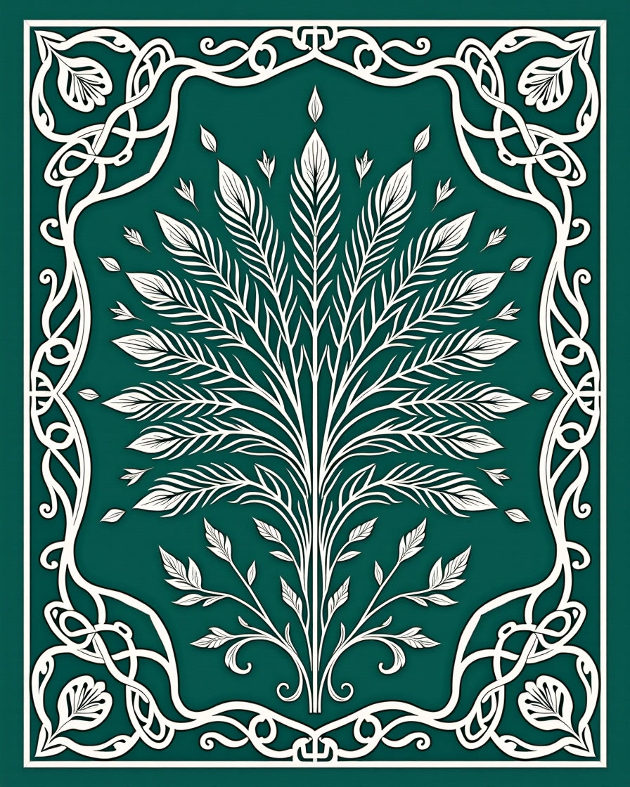 Emerald Green White Foliage Frame Rug