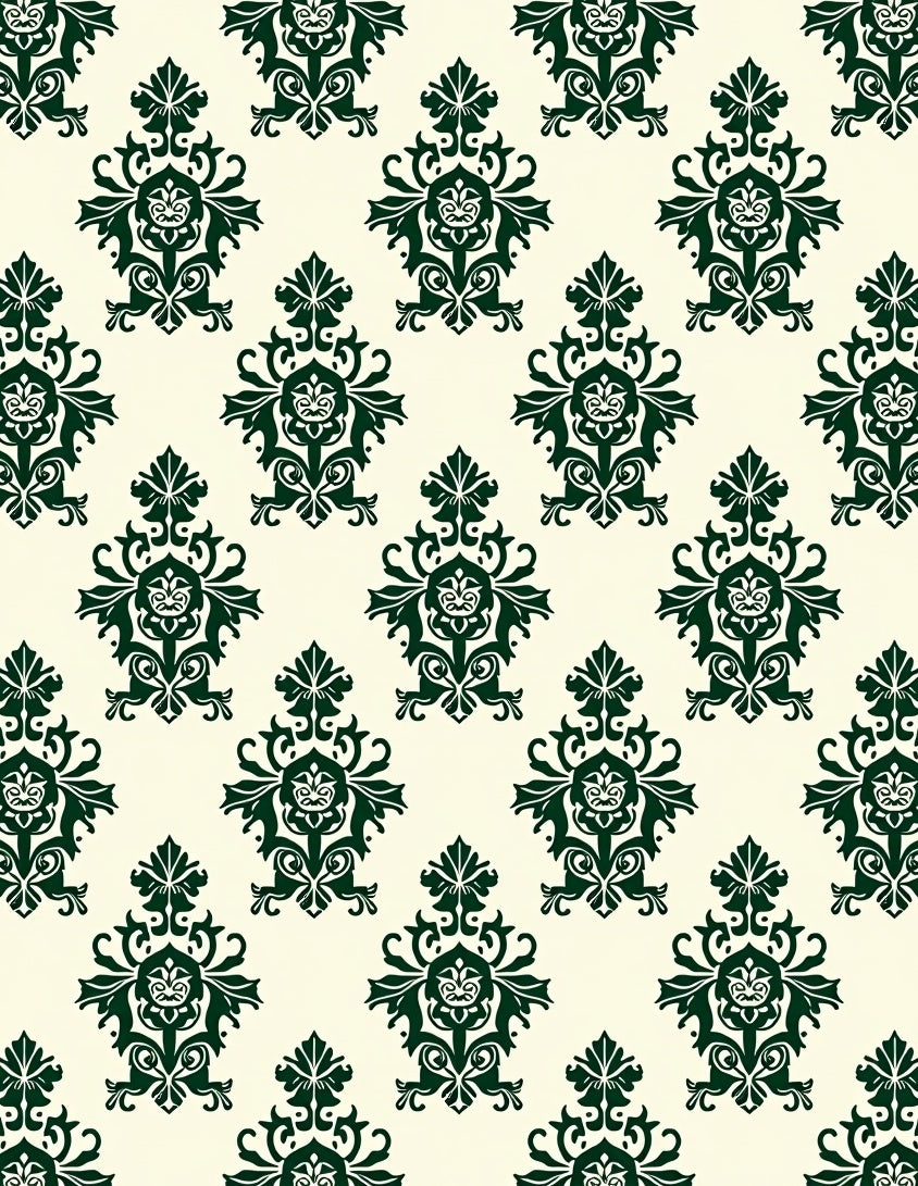 Dark Green Crested Damask Cream Background Rug