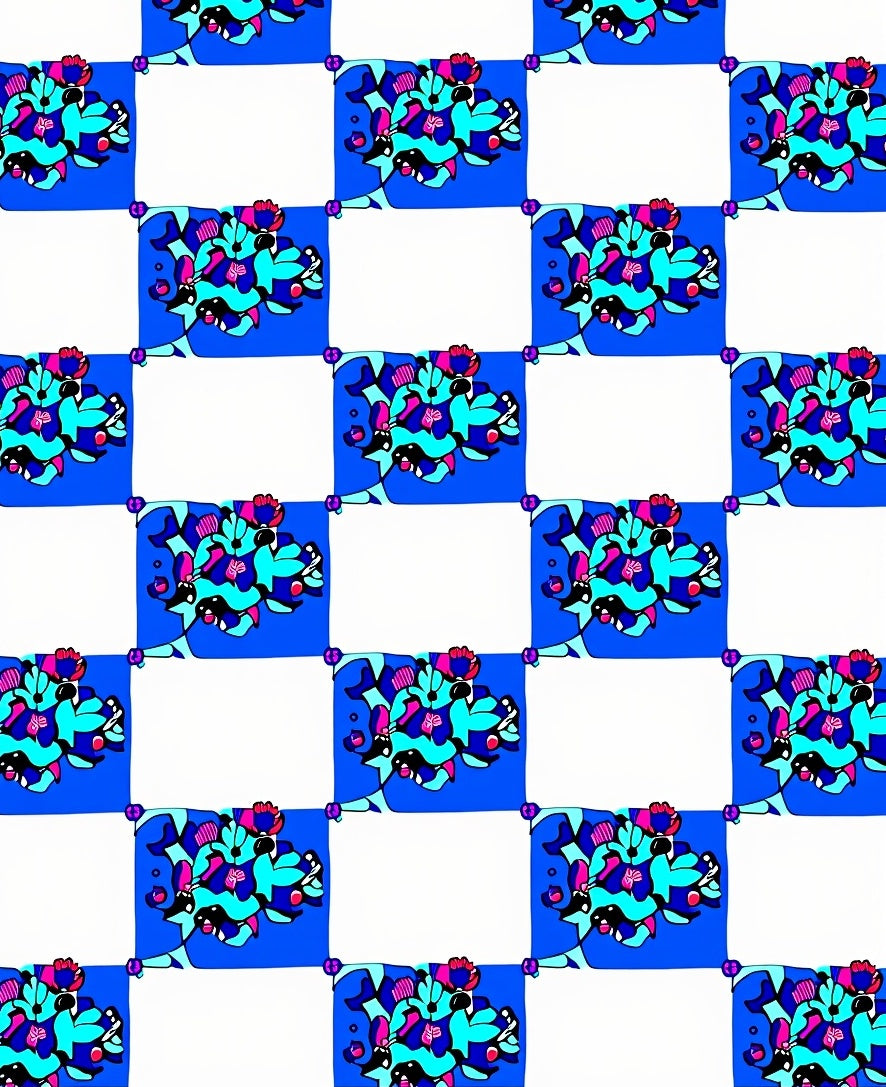 Abstract Blue Floral Checkered Rug