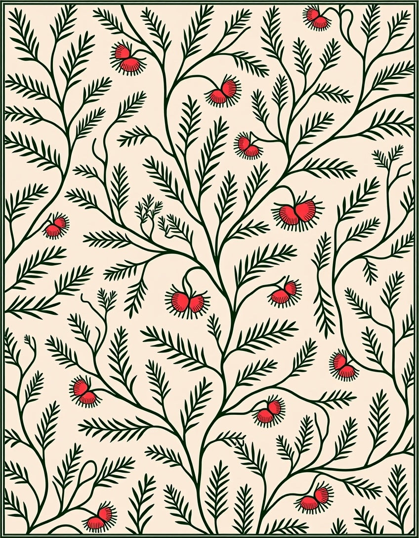 Crimson Floral Fern Branch Rug