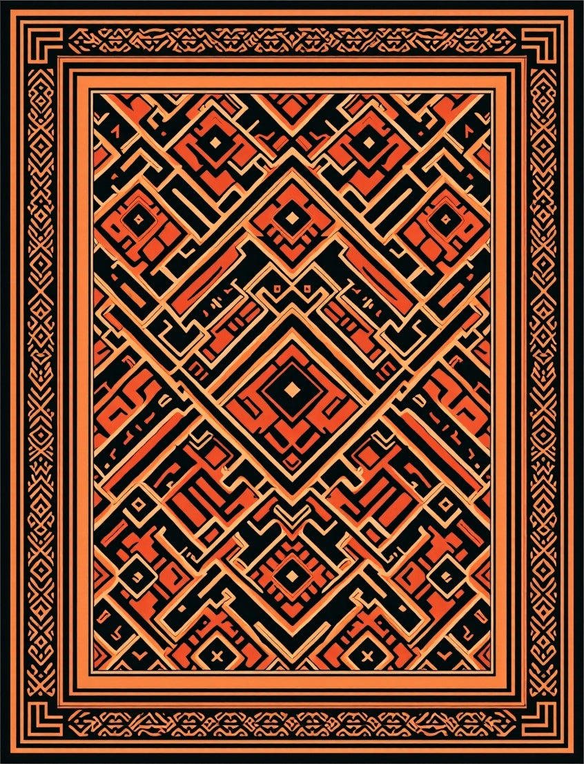Geometric Orange Black Maze Rug