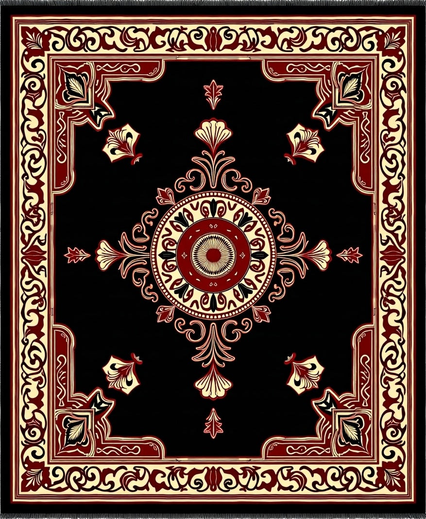 Black Red Cream Medallion Floral Border Rug