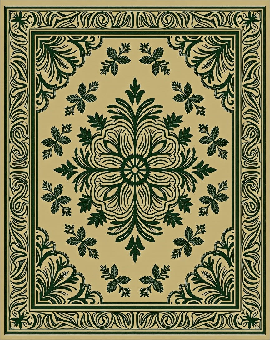 Deep Green Floral Medallion Border Rug