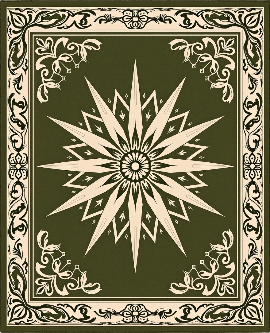 Ornate Olive Sunburst Star Rug