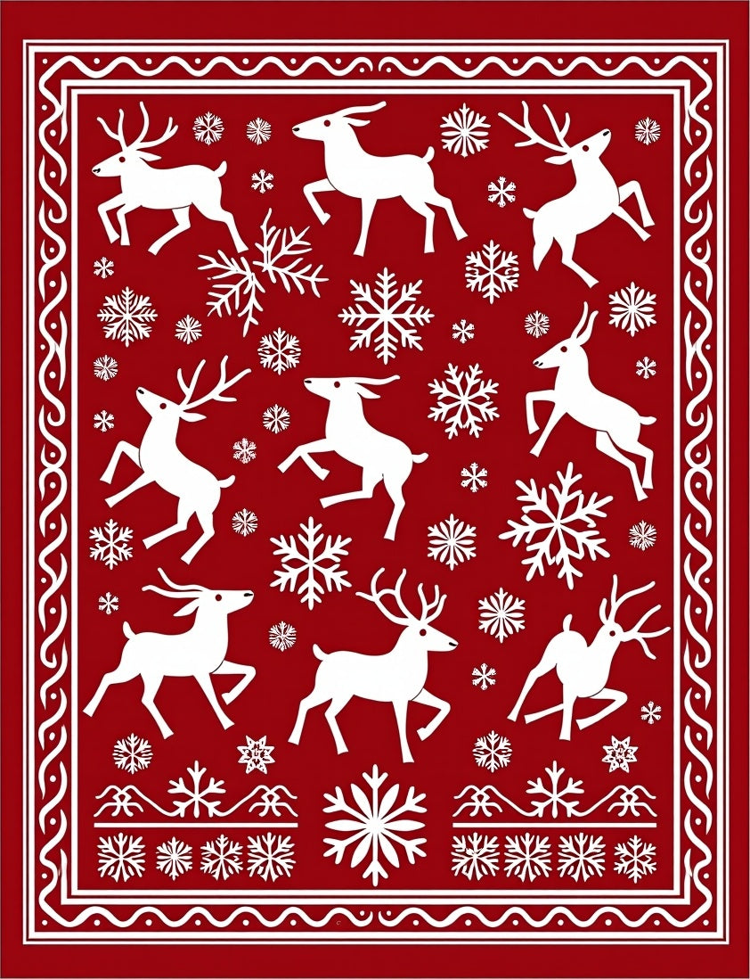Festive Red Reindeer Snow Flake Medley Rug