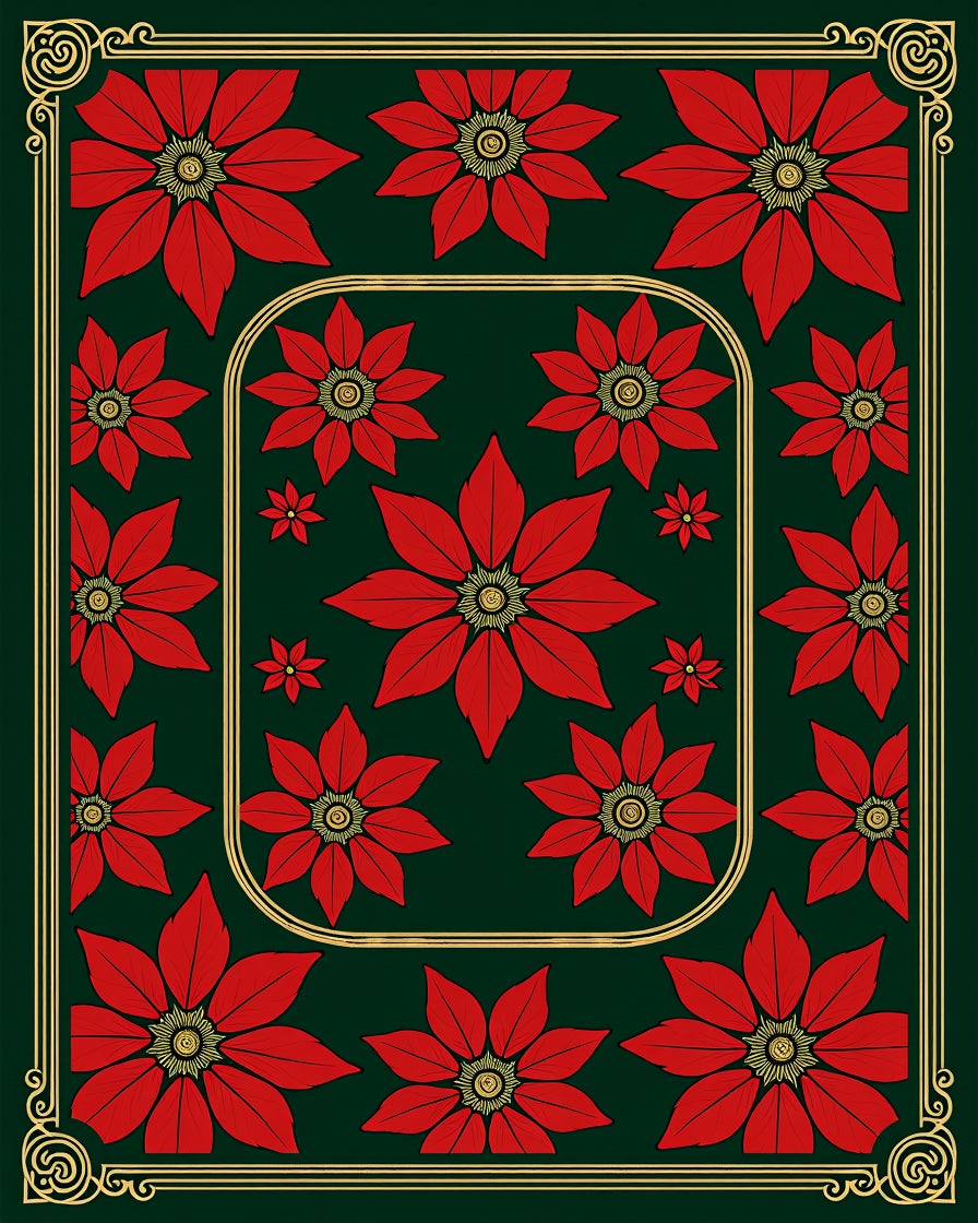Deep Emerald Red Poinsettia Floral Border Rug