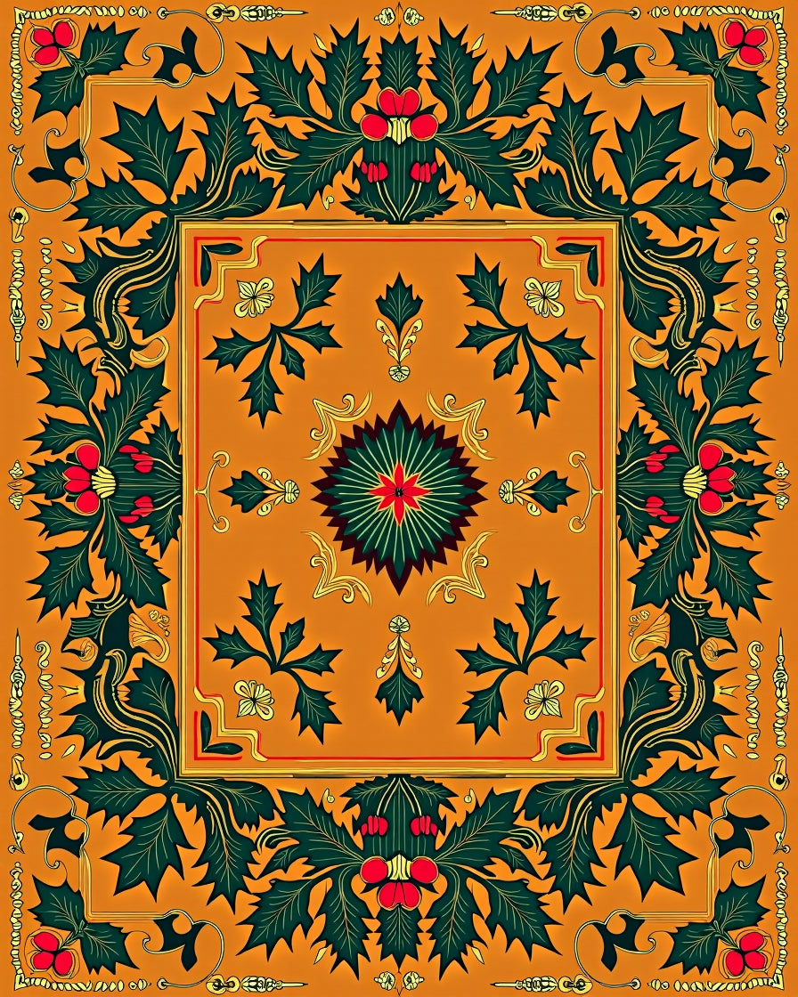 Orange Holly Berry Floral Border Rug