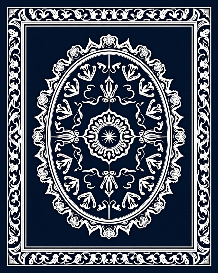 Deep Blue Oval Floral Border Rug